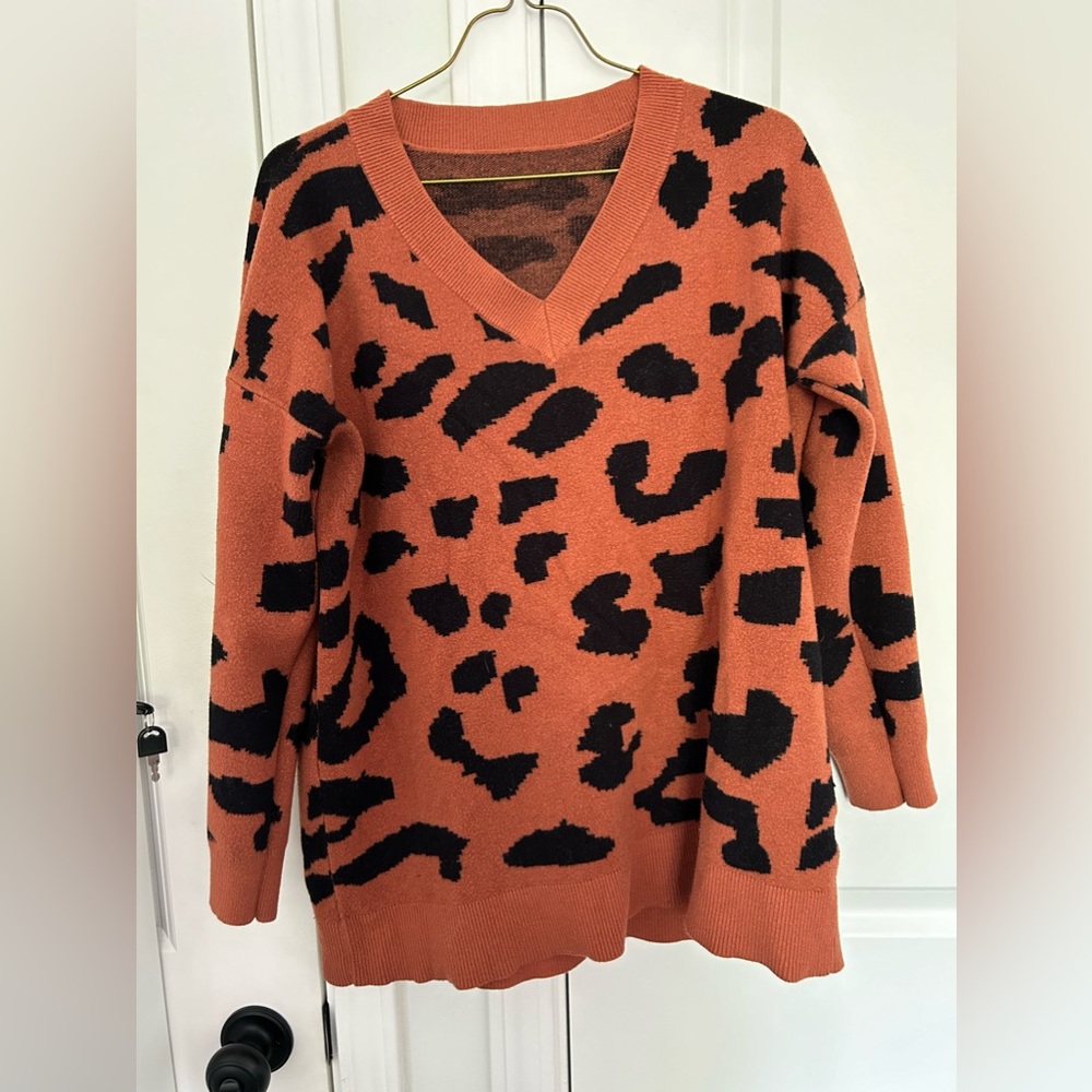Womens Leopard Long Pullover V Neck Oversized Sweater